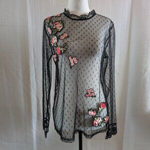 Black Sheer Embroidered Floral Mesh Top Long Sleeves Size Medium Whimsigoth